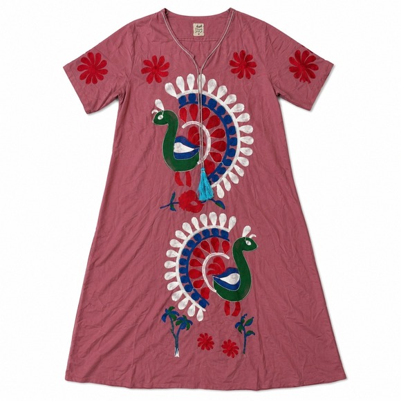 Unbranded Dresses & Skirts - Vtg Maxi Dress Embroidery Peacock Kaftan Mauve Pink‎ Boho Tassel V-Neck Tall M